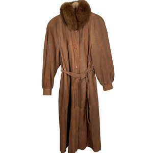 Vtg 70s Suede Trench Coat w/ Genuine Fox Fur Collar Women’s L Brown Aspen Chic